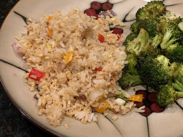Vegetable fried rice and roasted broccoli