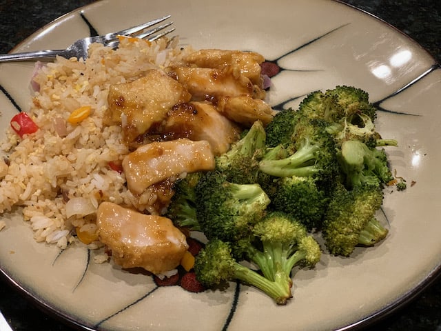 vegetable fried rice with Baked Gen Tao's chicken and roasted broccoli