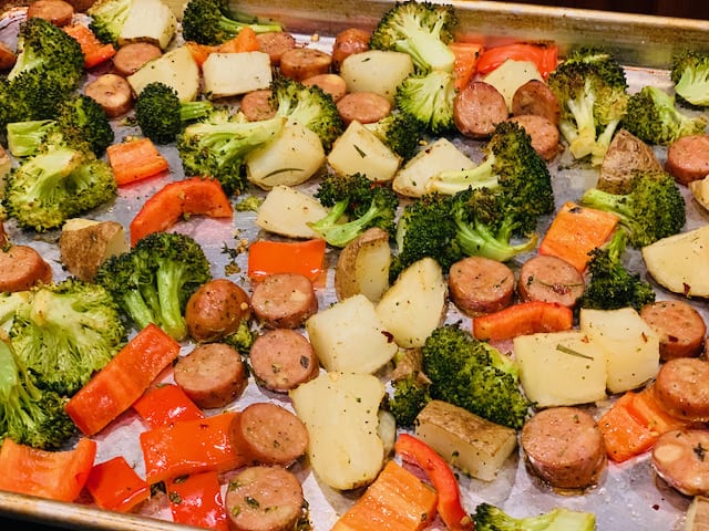 sheet pan sausage & veggies after roasting