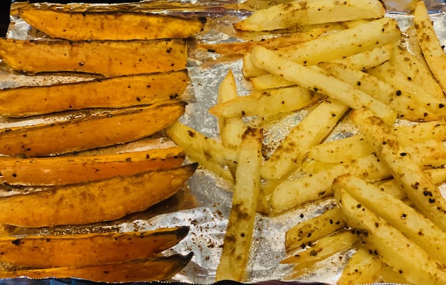 Regular fried and sweet potato fries