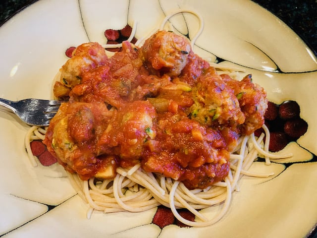 zucchini parmesan chicken meatballs in marinara sauce over pasta